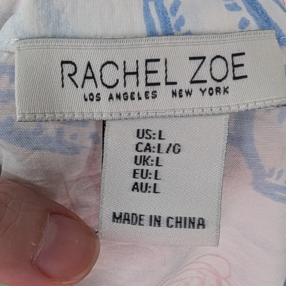 Rachel Zoe White Blue Green Floral Tea Watercolor Short Sleeve Blouse Large - Picture 11 of 12